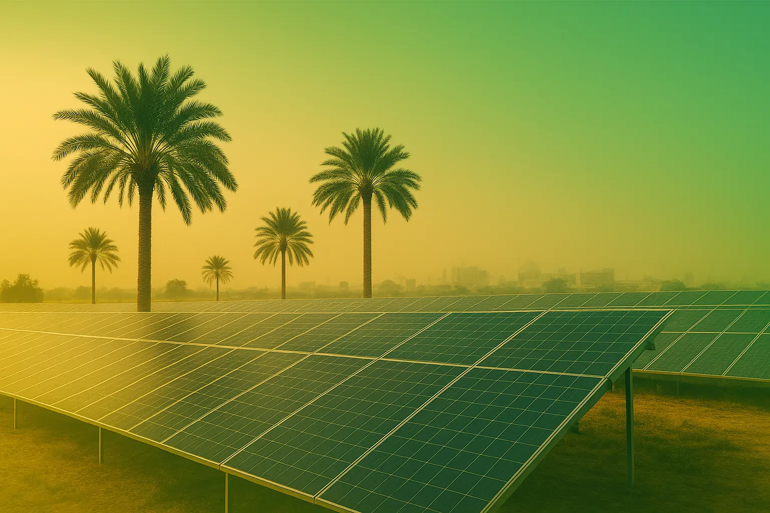 Saudi farmland with sunlight overlay symbolizing sustainable solar energy